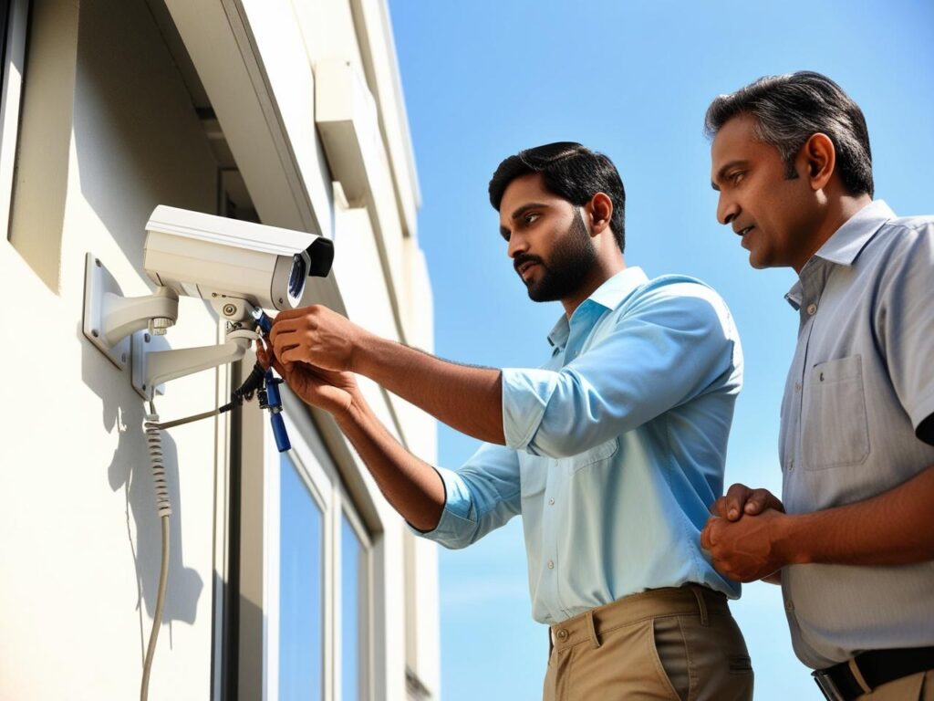 make an image of a indian guy repairing a cctv withy customer standing next to him