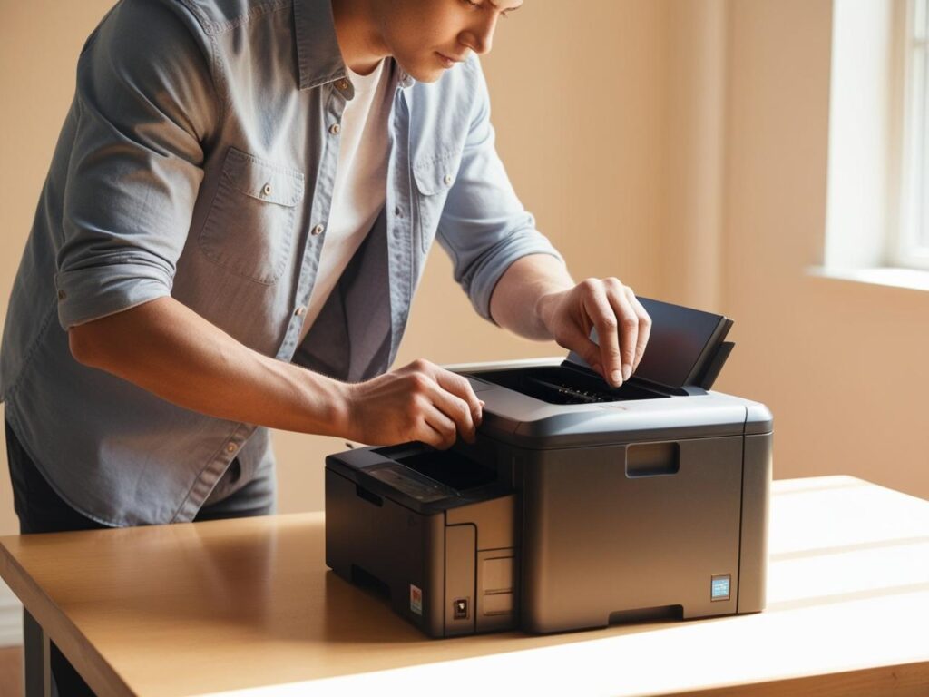 make an image of a person trying to fix a printer