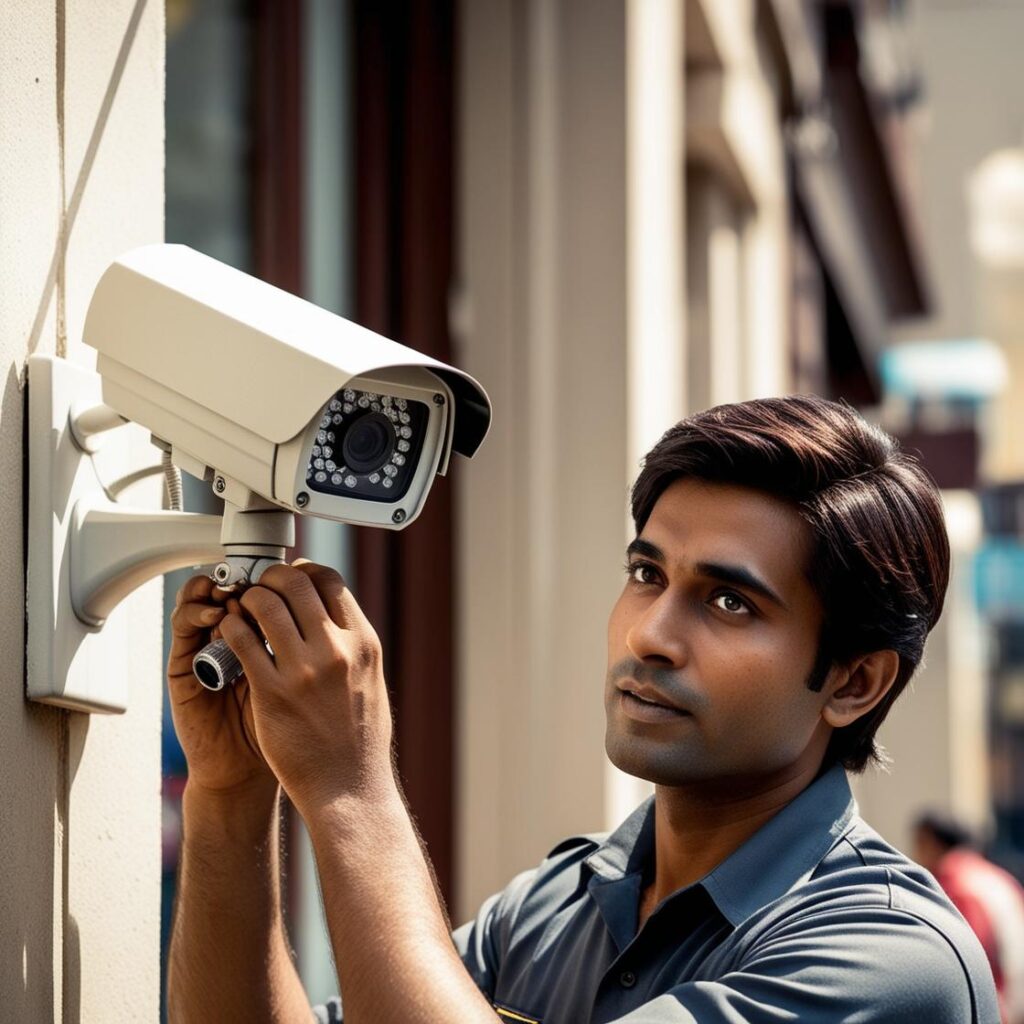 make an image of an indian guy repairing a cctv. in more realistic photo