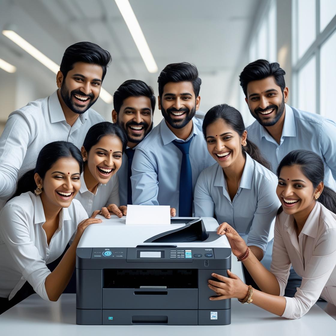 create an image of indian peoples holding the printer very happily because a technician have fixed the printer. they all are in an office